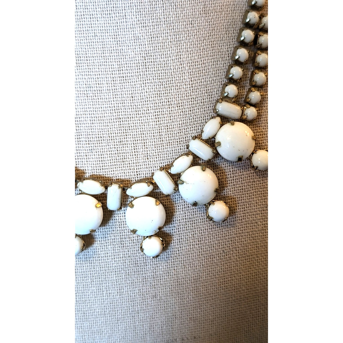 Vintage Prong Set Milk Glass Cabochon 16" Necklace W/ Hook Clasp