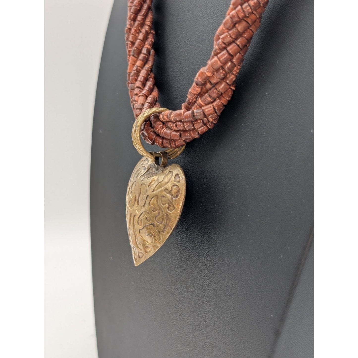 Vtg Twisted Multi-Strand Coconut Shell Brass Bead Embossed Brass Heart Necklace