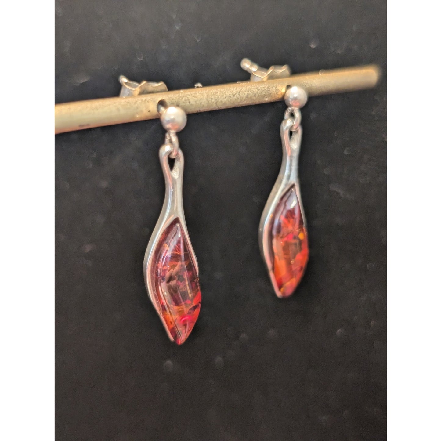 Vintage Marked 925 Sterling Silver Baltic Amber Post Dangle Earrings