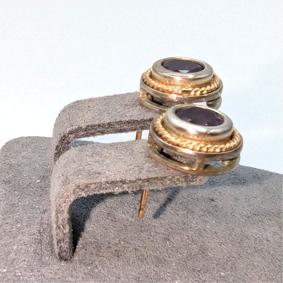 Vintage 925 Sterling 14K Gold Accent Amethyst Art Deco Stud Earrings