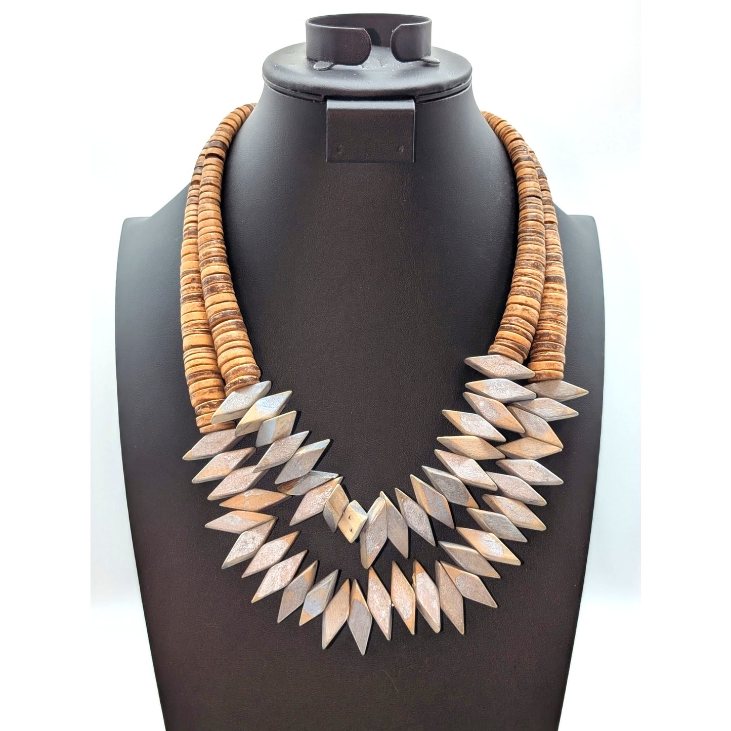 Tribal Hand Made Wood Two Strand Chevron Design Disk Bead Pull String Necklace