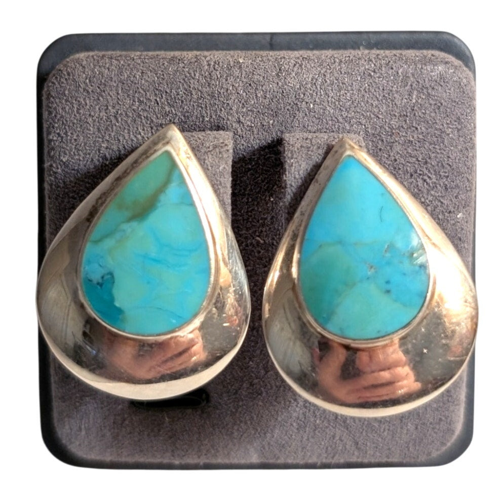 Vintage Turquoise Sterling Silver Teardrop Clip On Earrings