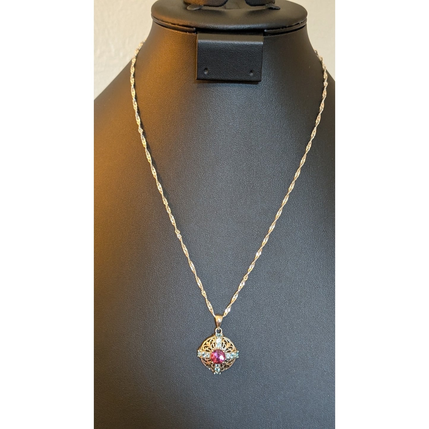 Vintage Santa Maria Aquamarine & Pink Topaz Sterling Filigree Necklace