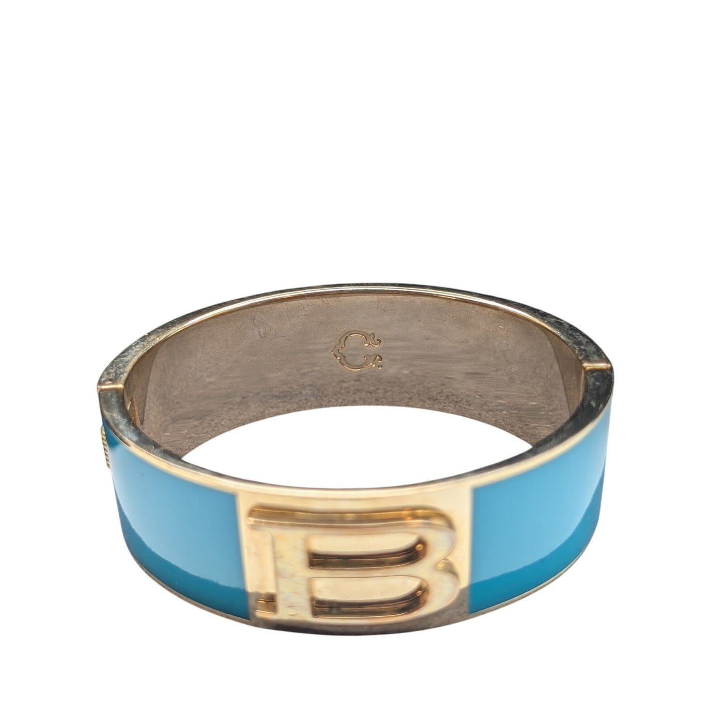 Vtg Signed Aqua Gold Tone 'B' Letter Initial Hinged Clamper Oval Bangle Bracelet