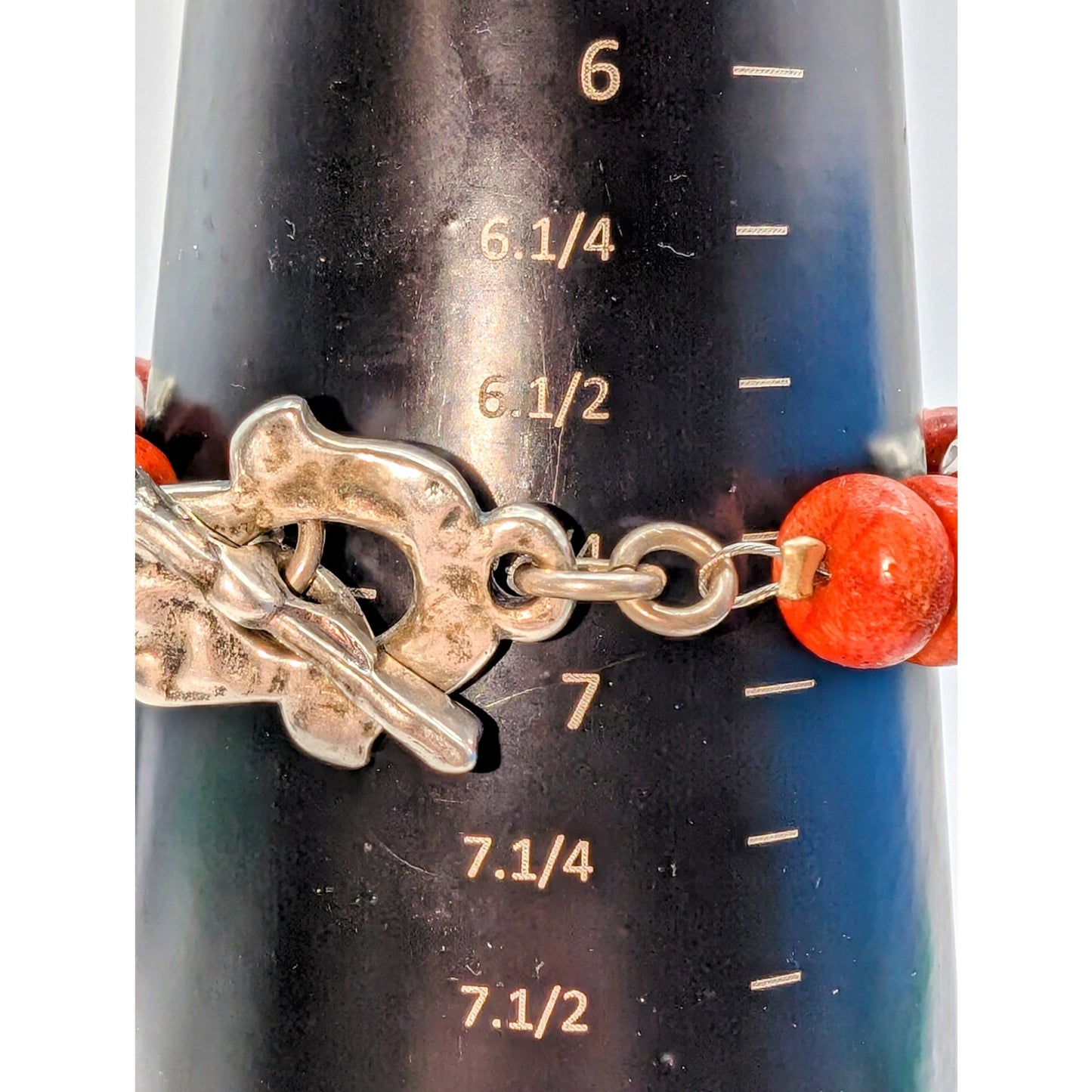 VTG DANON Made in Israel Signed Coral Silver Plated Beaded Toggle Clasp Bracelet