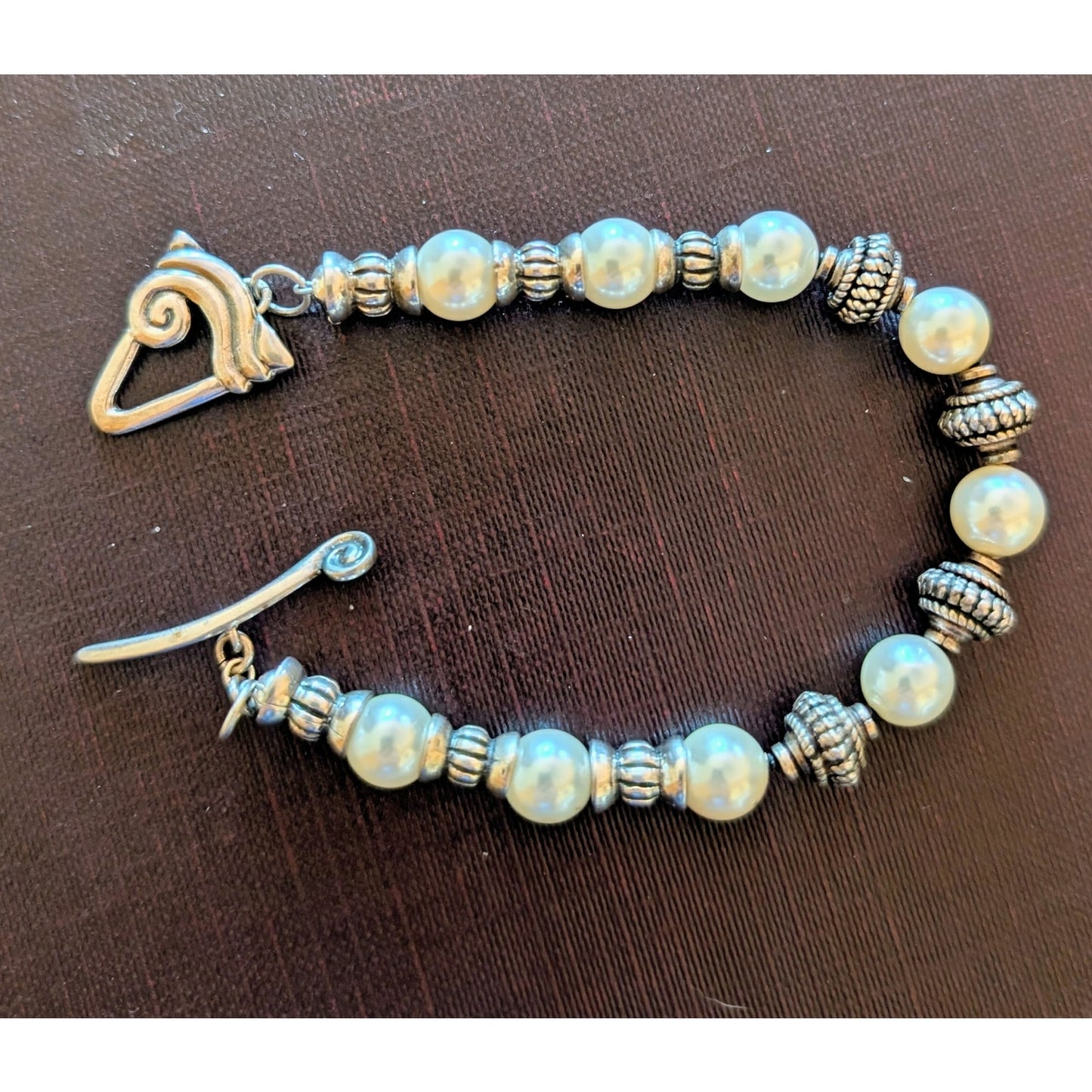 925 Sterling Silver Glass Faux Pearl Bead Fancy Toggle Clasp  7.5" Bracelet
