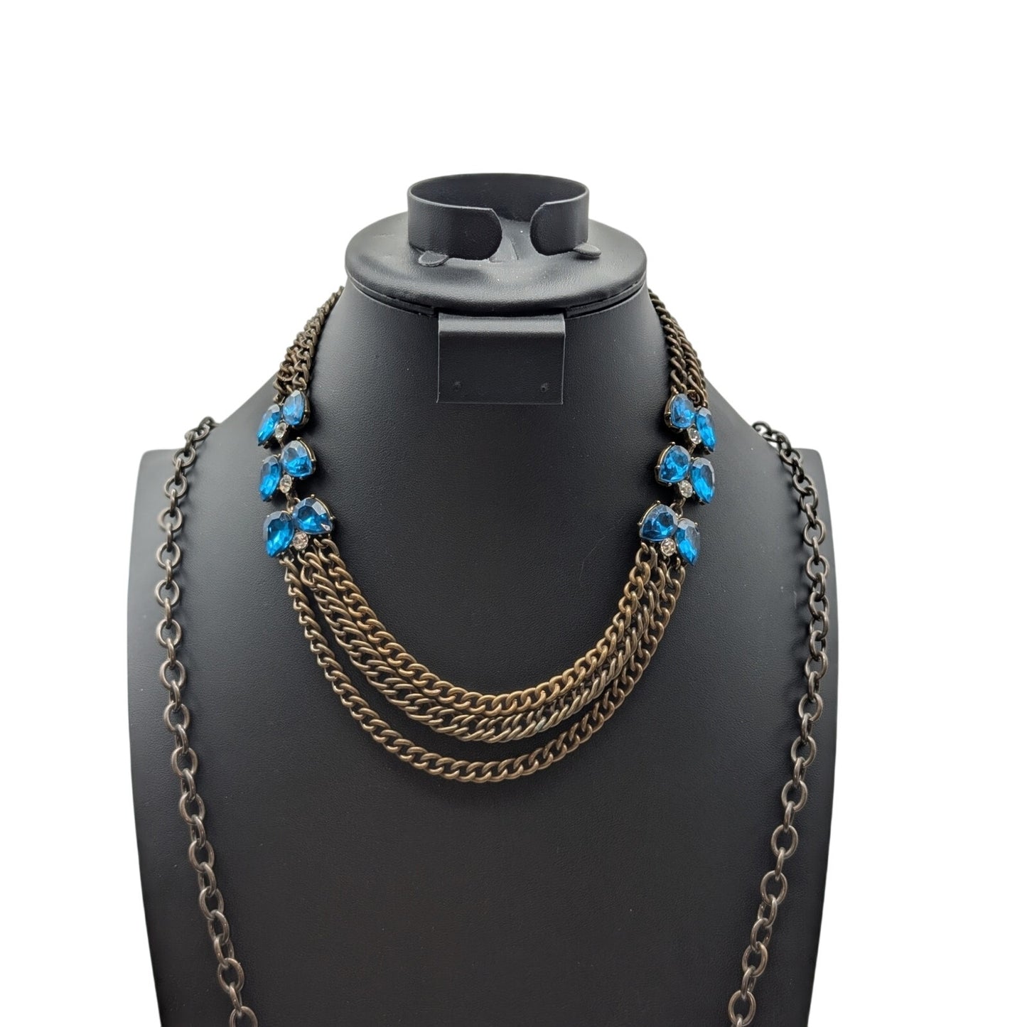 Lot of Two Plunder Necklaces Bronze Metal Blue Rhinestone Charm Tassel Chain