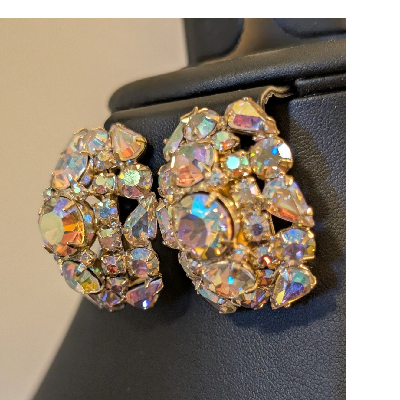 Spectacular Vintage AB Rhinestone Crystal Gold Tone Statement Clip On Earrings