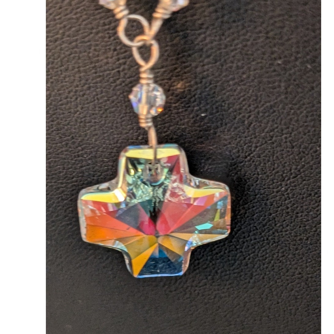 Crystal Prism Cross Pendant on Crystal Beaded 925 Sterling Chain