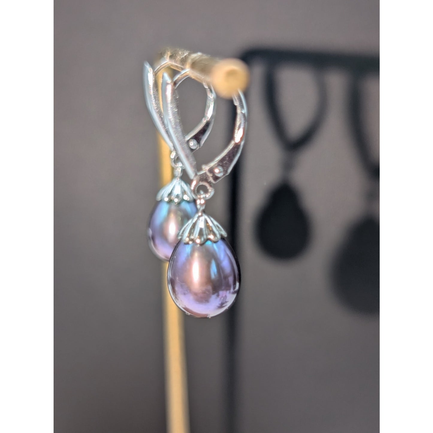 925 Sterling Silver Genuine Purple Teardrop Pearl Lever Back Earrings