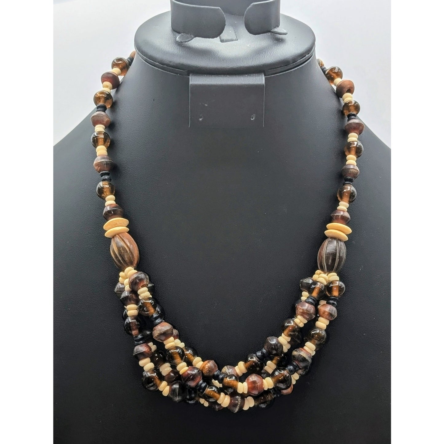 Vintage Amber Cream & Brown Bone Glass Wood Bead Tribal Hook Clasp Necklace