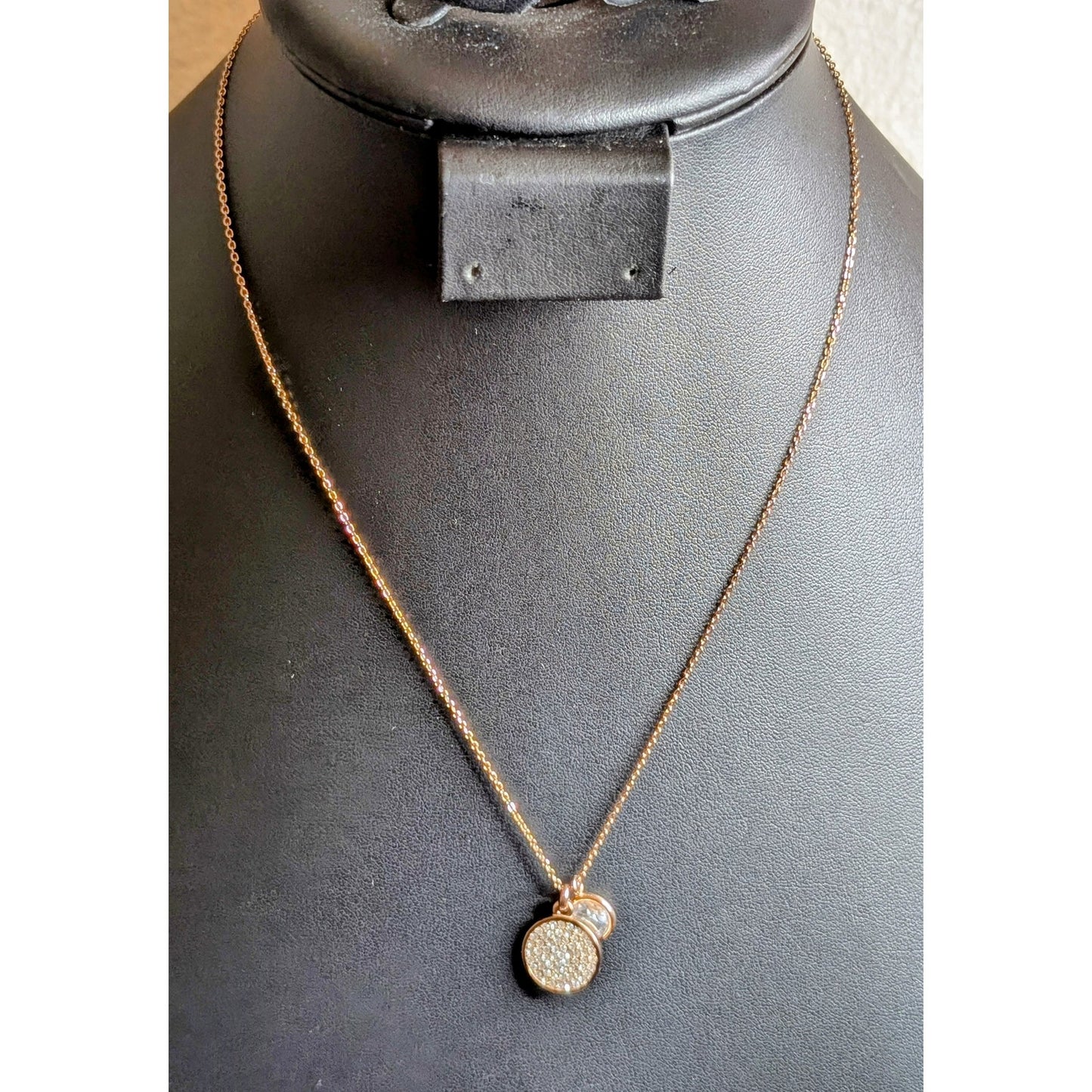 Michael Kors Rose Gold Tone Pave Disc Crystal Pendant 16"-18" Necklace