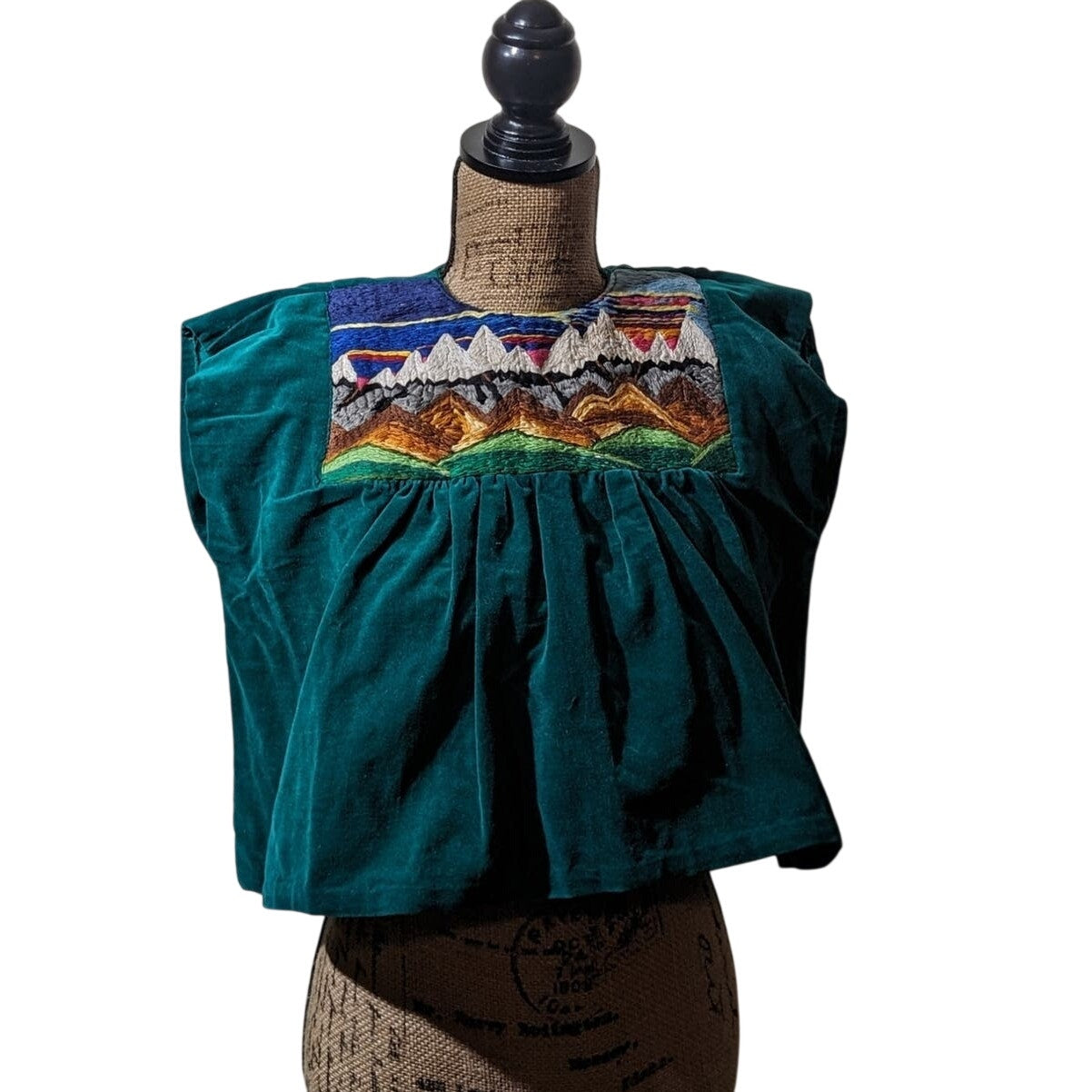 Vintage Homemade Green Velvet Embroidered Mtn. Scene Topper Juniors XS