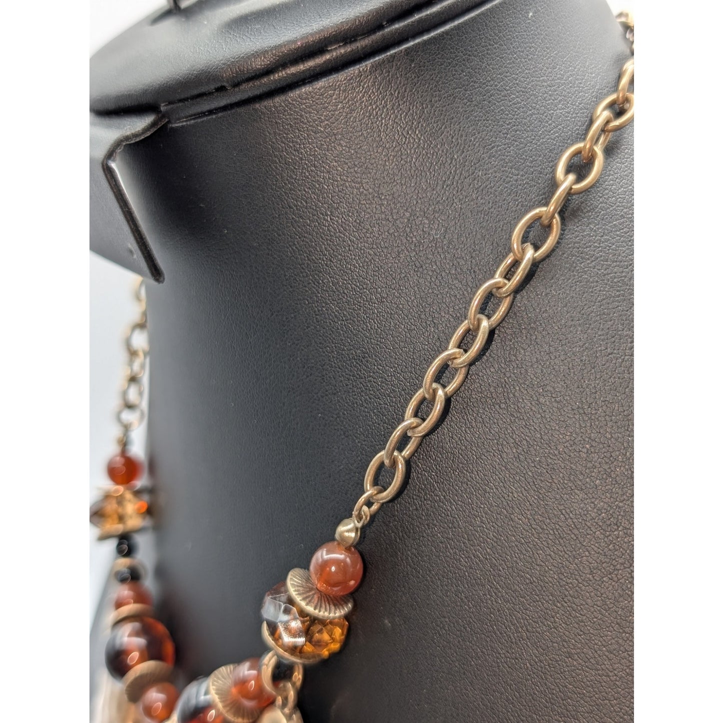 Gold Tone Three Large Amber Look Lucite Teardrop Dangles Beaded Chain Necklace