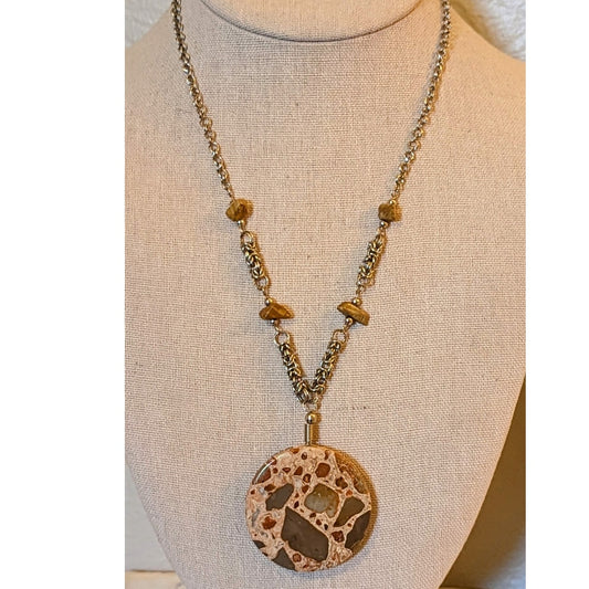 VTG Multi-Colored Brown Stone Pendant Silver Tone Chain 18" Hook Clasp Necklace
