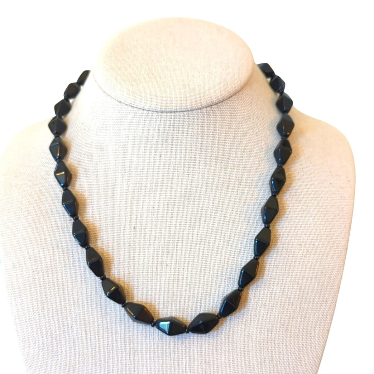 Midcentury Vintage Black Glass Beaded 18" Necklace W/ Spring Ring Clasp