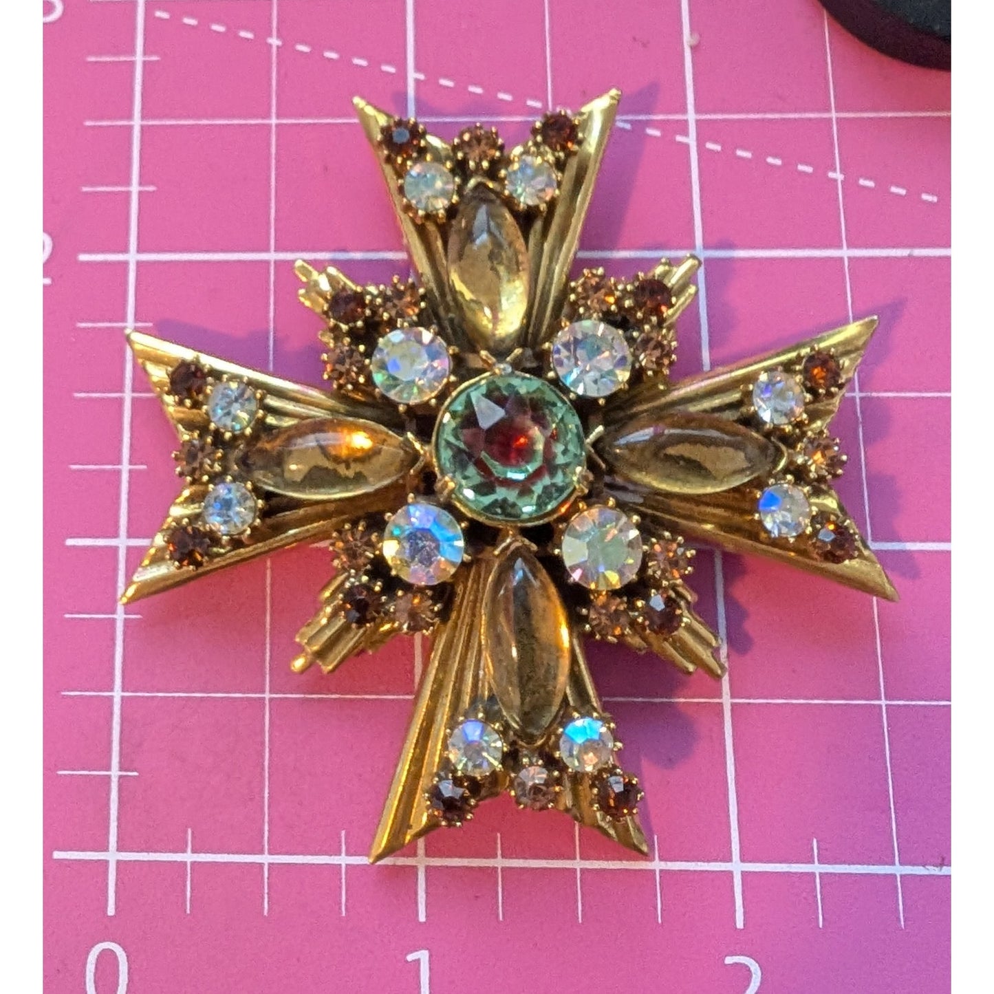 Vintage Florenza Watermelon Maltese Cross Rhinestone Art Glass Brooch Pendant