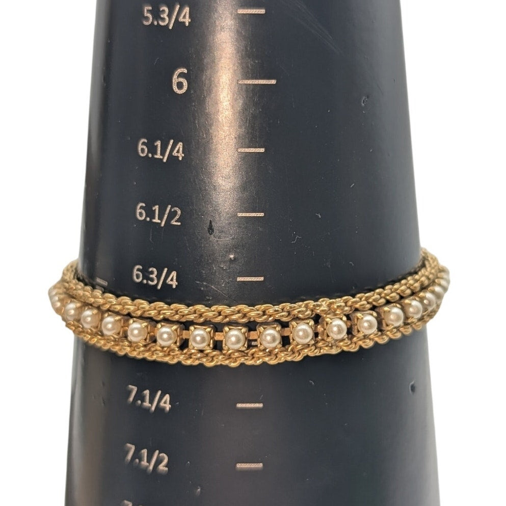 Vintage Gold Tone Double Rope Chain Seed Pearl Fold Over Clasp Bracelet