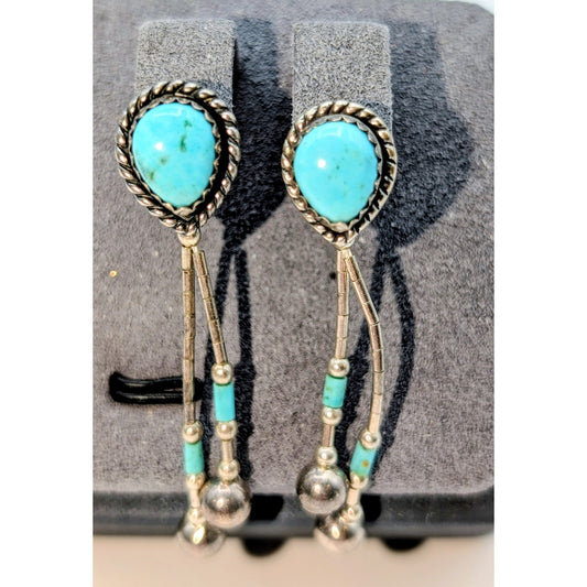 Navajo Native American Indian Sterling Silver Turquoise Dangle Pierced Earrings