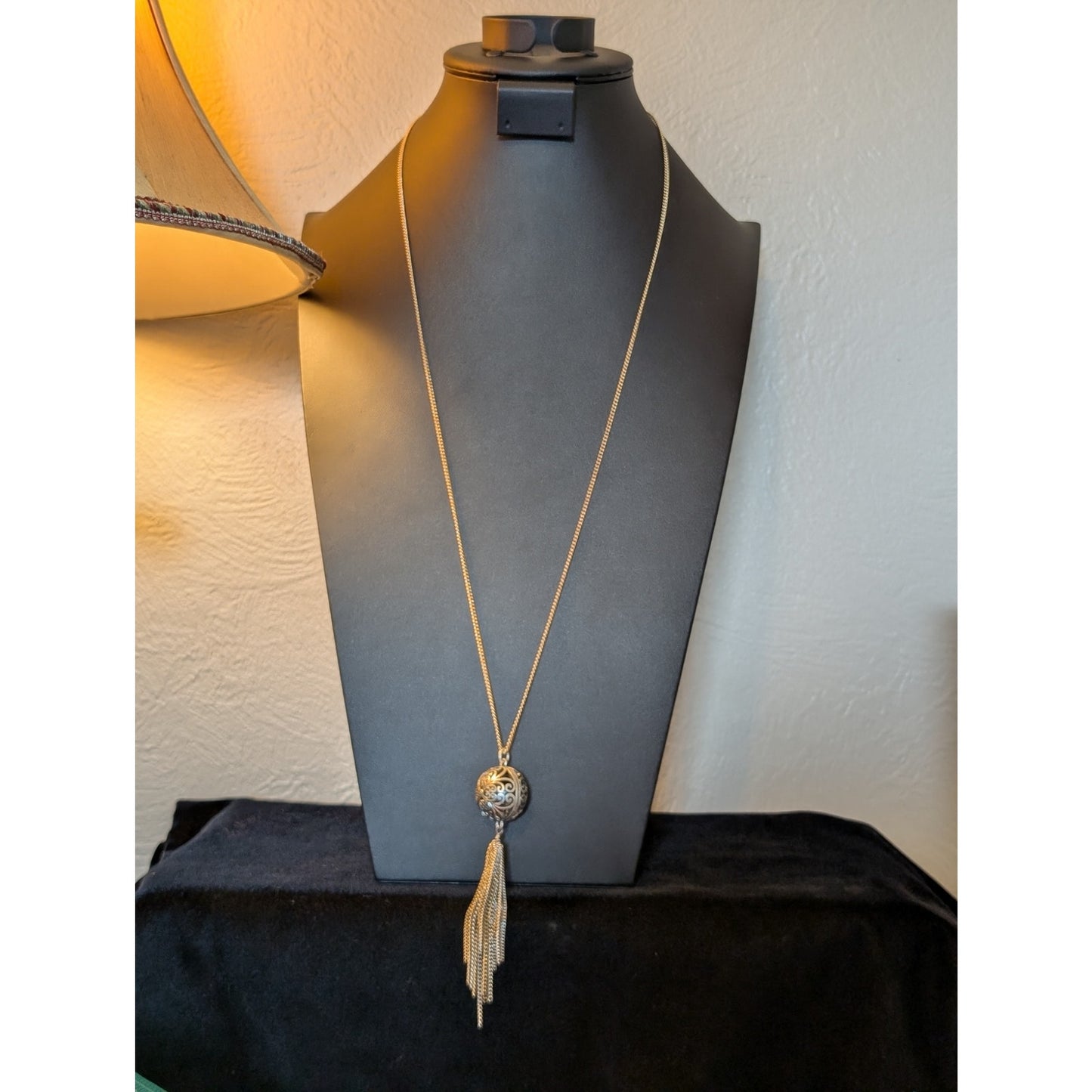 Lucky Brand Two Tone Metal Scroll Filigree Ball Tassel Long Necklace