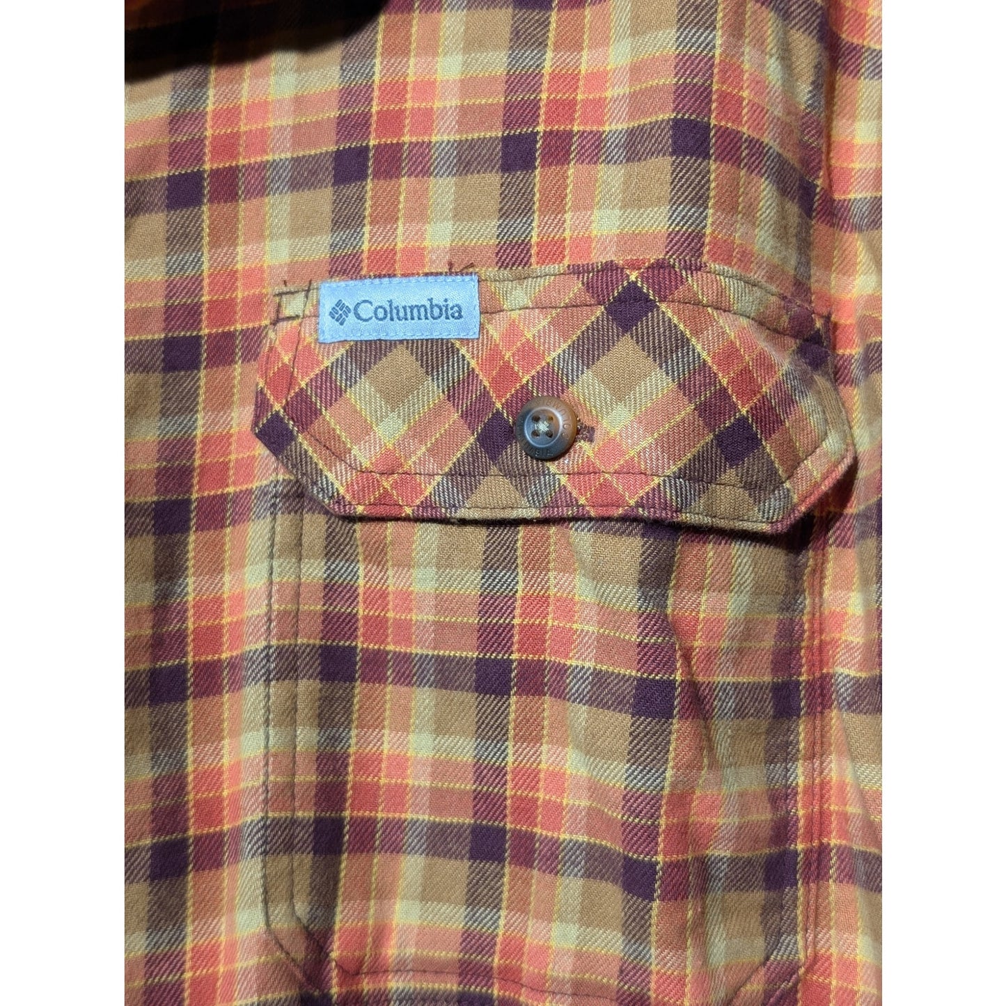 Columbia Orange Plaid Reg Fit Cotton Stretch Flannel Button Up Shirt Mens Sz L