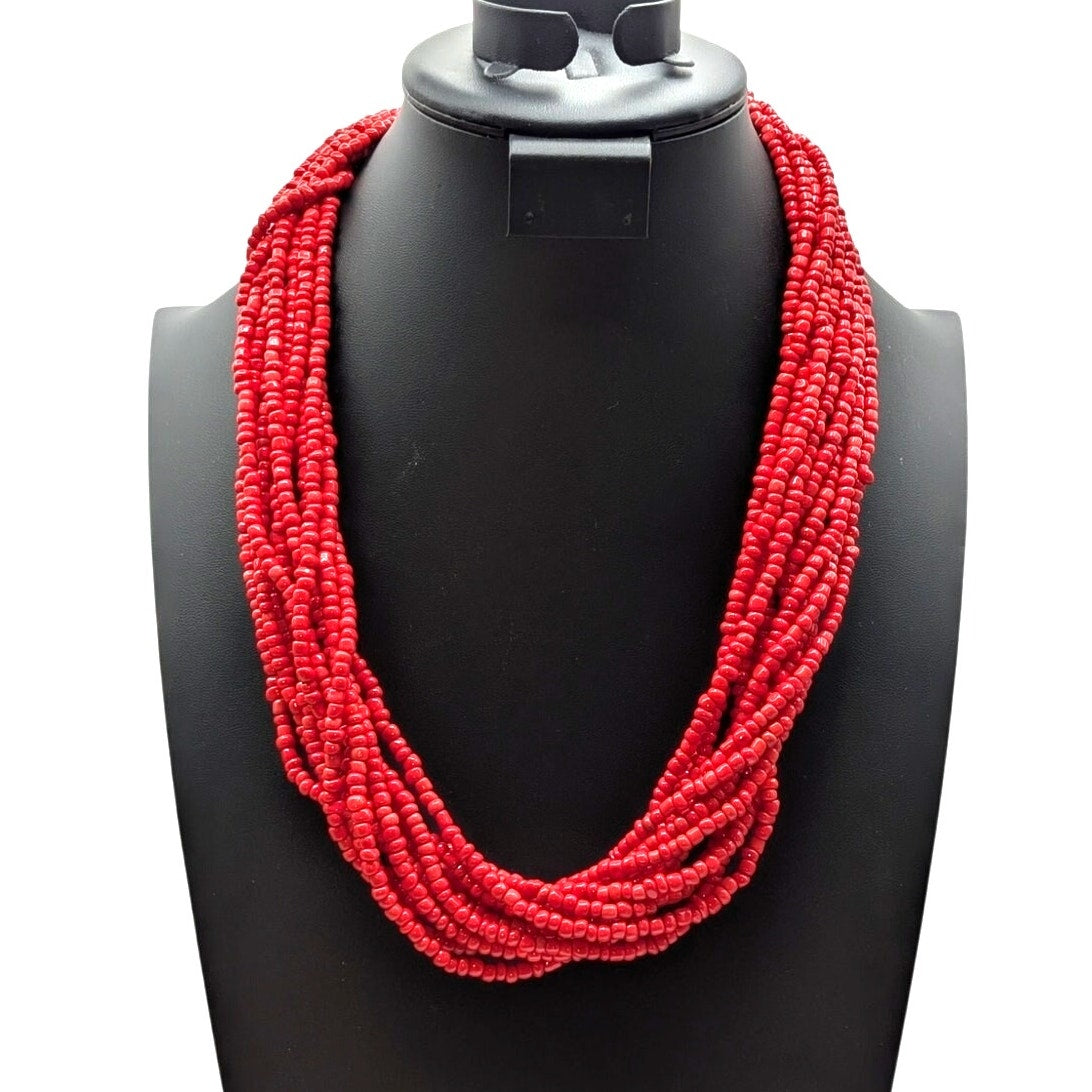 Vintage Tribal Multi-Strand Red Glass Bead Torsade Button Clasp 26" Necklace