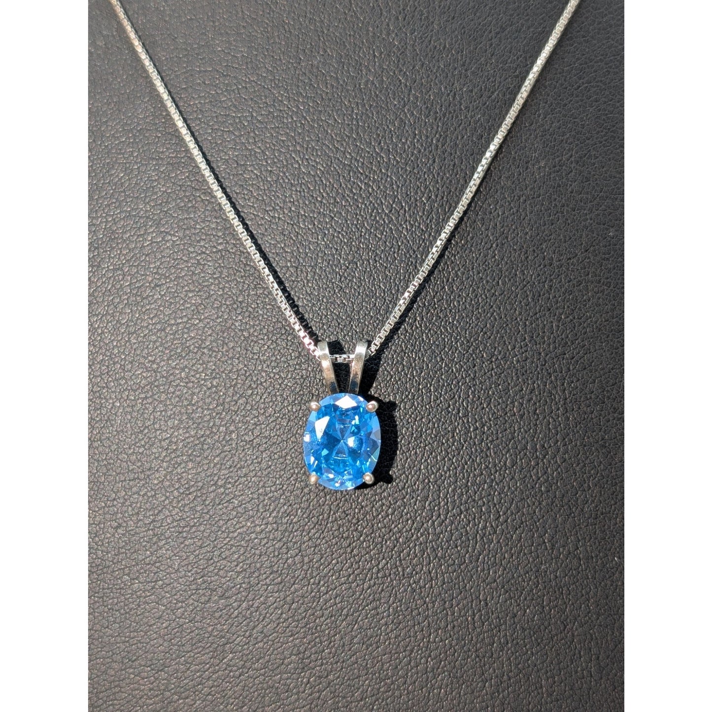 Vtg 925 Sterling Brilliant Blue Crystal Solitaire Pendant Box Chain Necklace