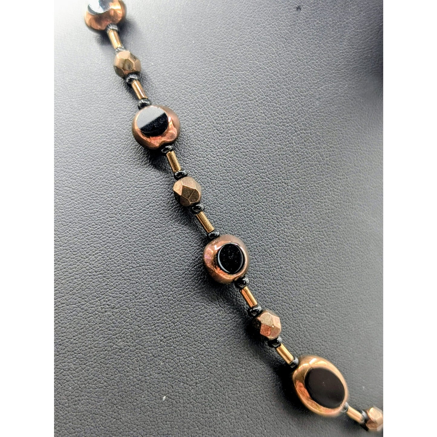 Bronze Bezel Set Black Glass Beaded Toggle Clasp 17.75" Necklace