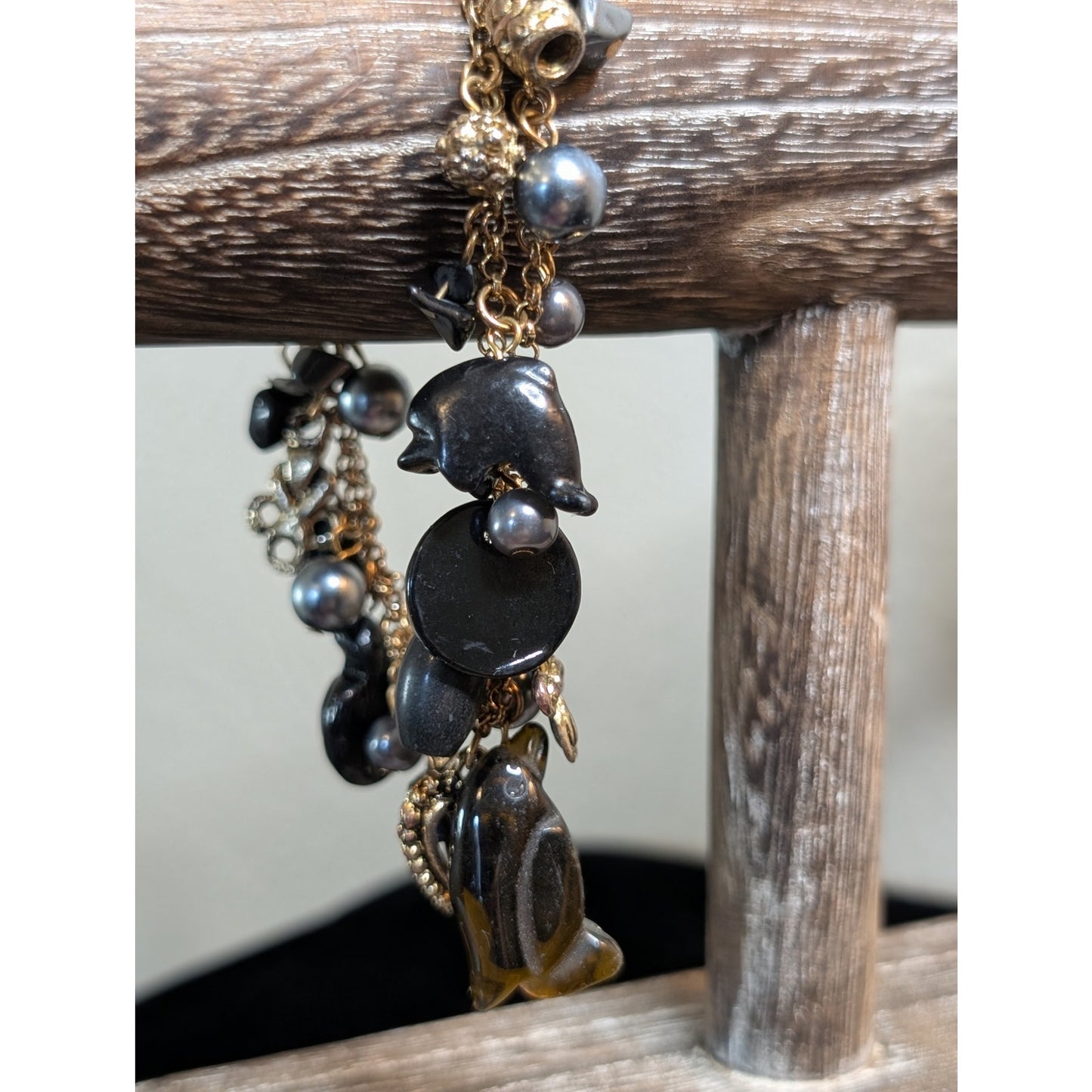 Vintage Antique Gold Tone Carved Glass Animal Gray Pearl Charm Toggle Bracelet