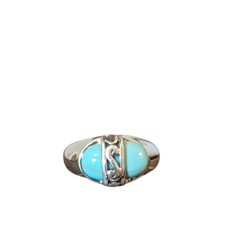 Filigree Overlaid Turquoise Marked 925 Sterling PD Ring Size 4.5