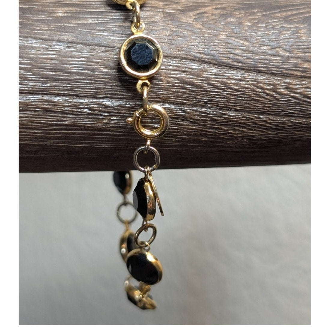 VTG Gold Tone Bezel Set Black Faceted Austrian Crystal Made in USA Bracelet