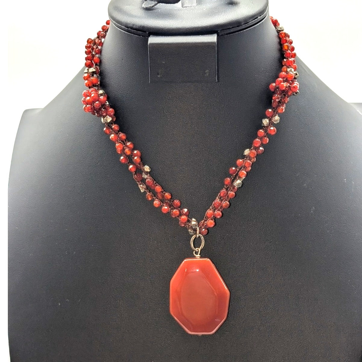 Vintage J. Jill 90s Carnelian Silver Tone Multi Strand Beaded Pendant Necklace