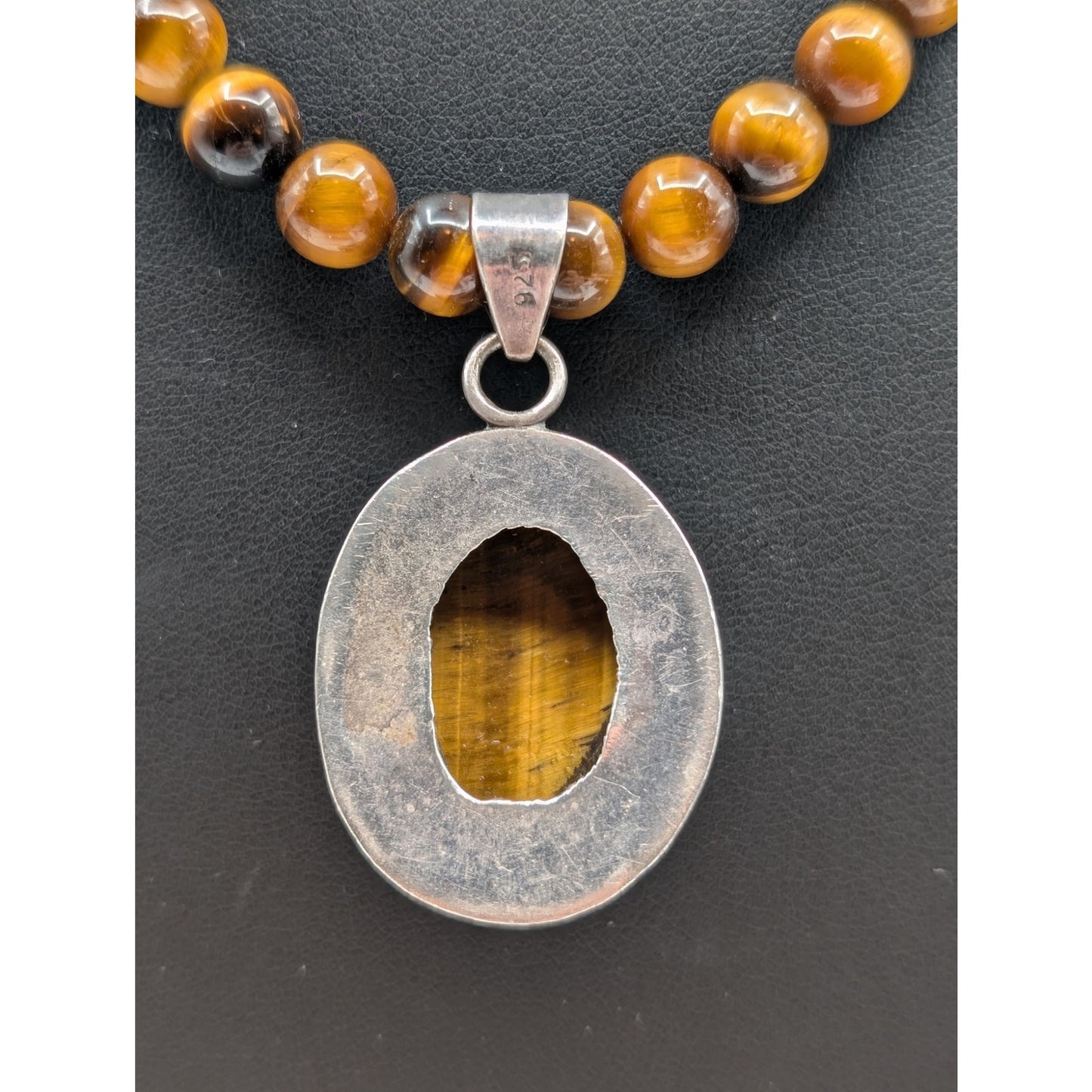 Vtg 925 Sterling Tiger's Eye Beaded Bezel Set Pendant Toggle Clasp 20" Necklace