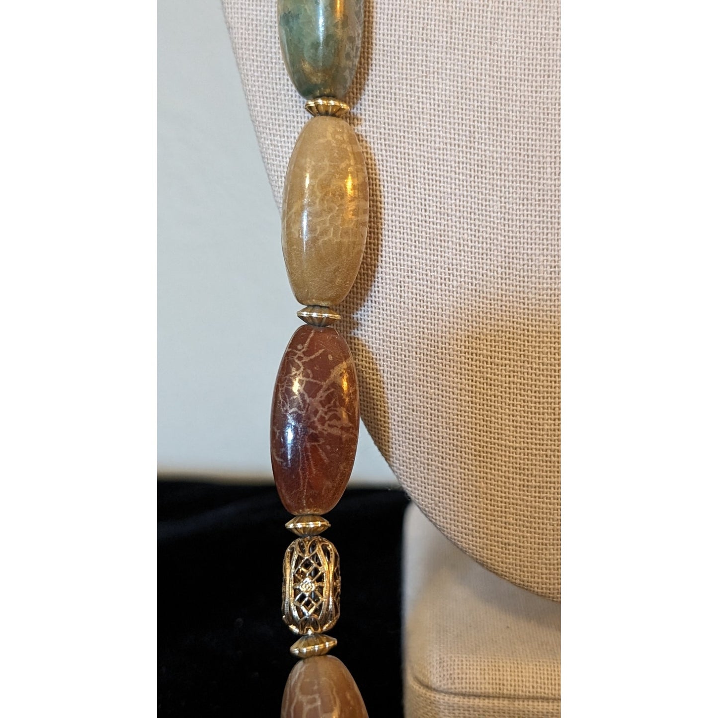 Vintage Earthtone Elongated Acrylic Bead Filigree Spacer Bead 34" Necklace