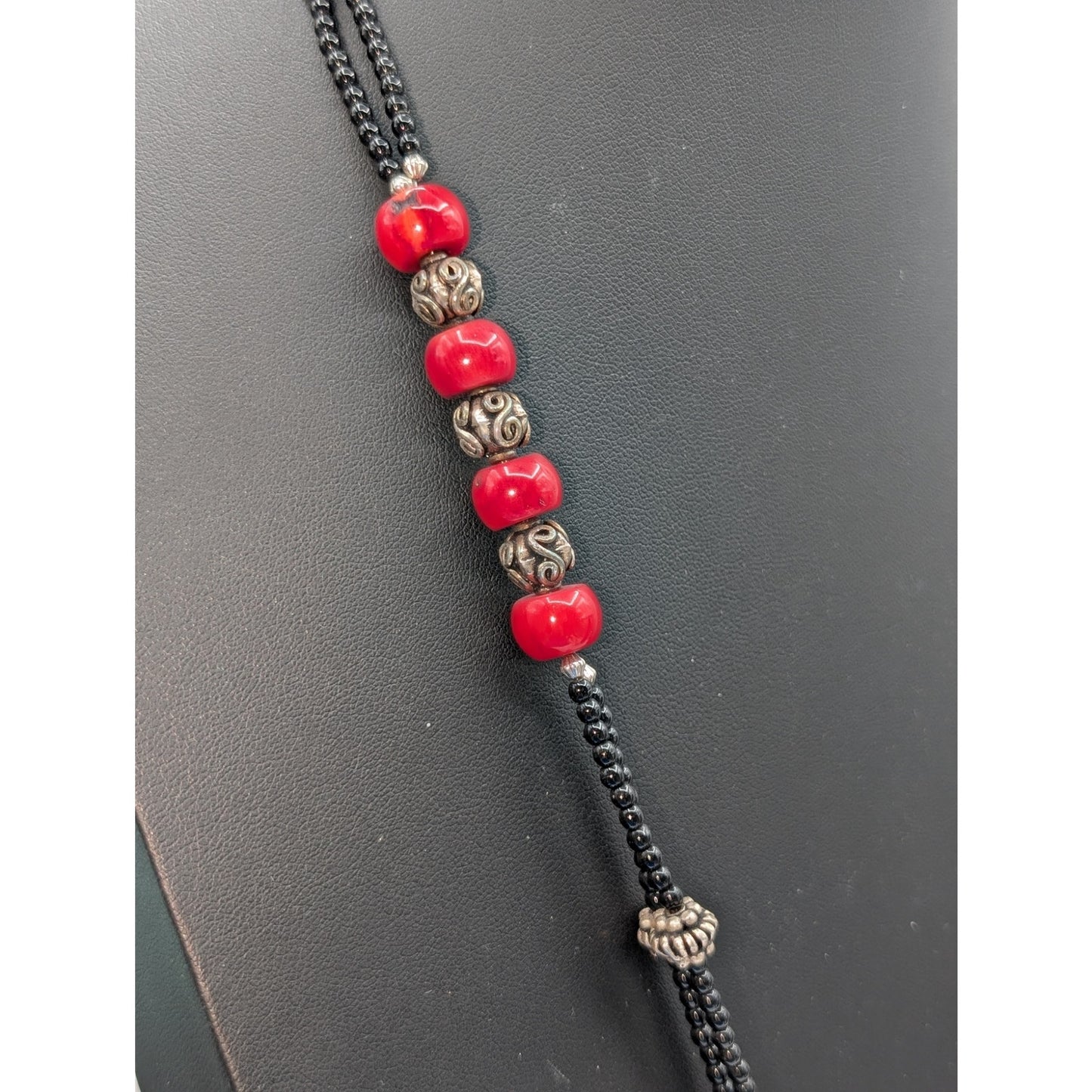 Heavy Coral Black Glass & Silver Beaded 925 Sterling Toggle Clasp 27.5" Necklace