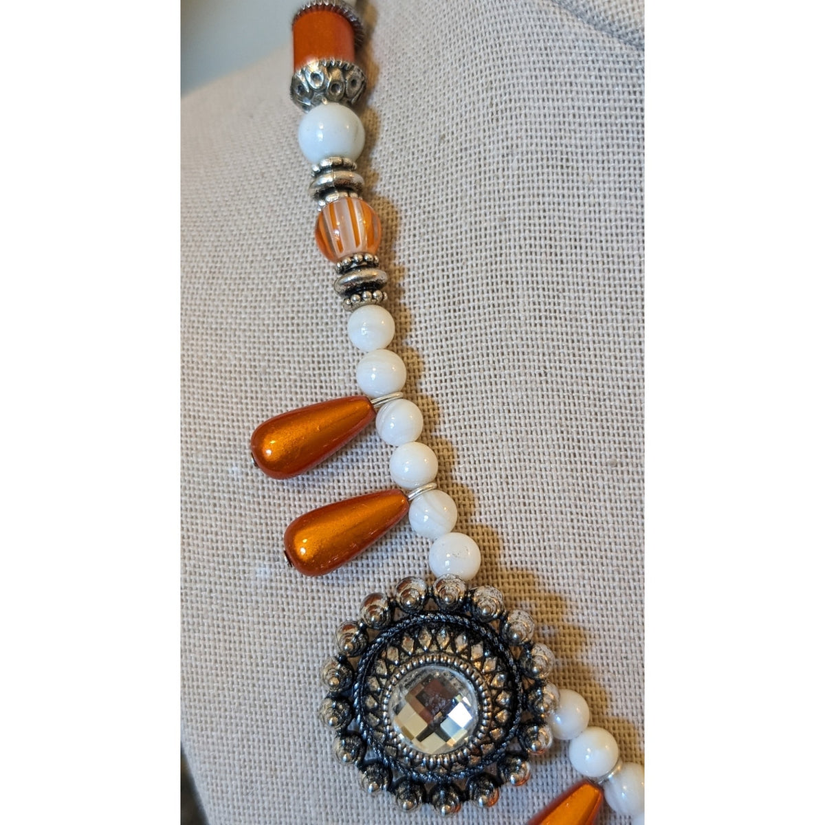 Orange Teardrop Dangle White Glass Rhinestone Bali Inspired 18.5" Necklace