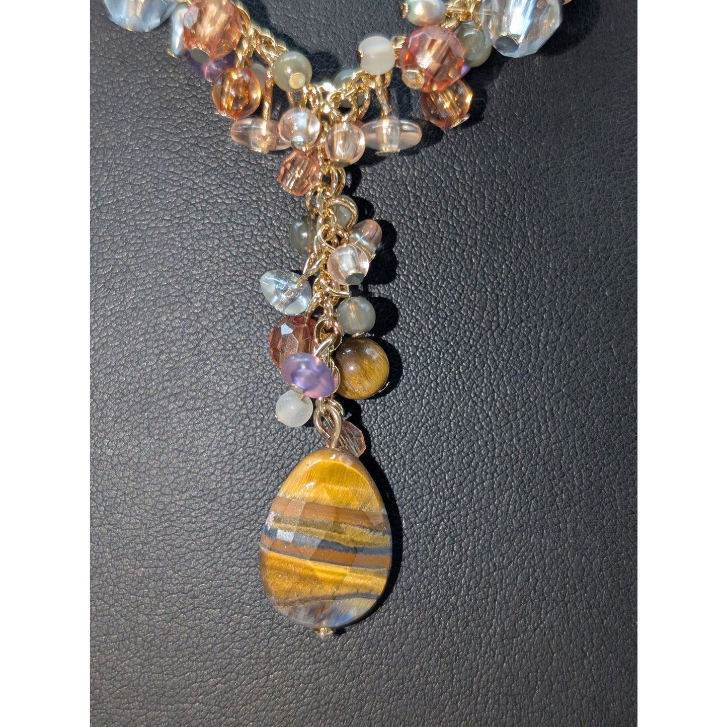 Vintage Avon Tiger's Eye Gold Tone Y Drop Cluster Beaded 16"-19" Necklace