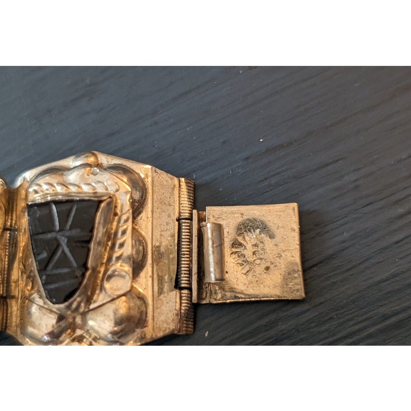 Vintage Taxco Mexico Black Onyx Alpaca Silver Carved Aztec Mask Bracelet