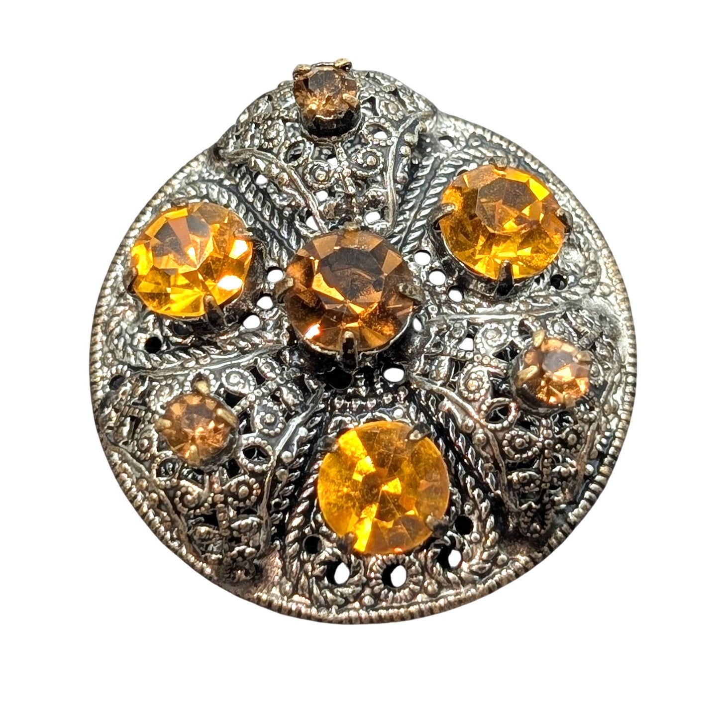 Vintage Citrine & Brown Czech Glass Silver Tone Filigree Brooch