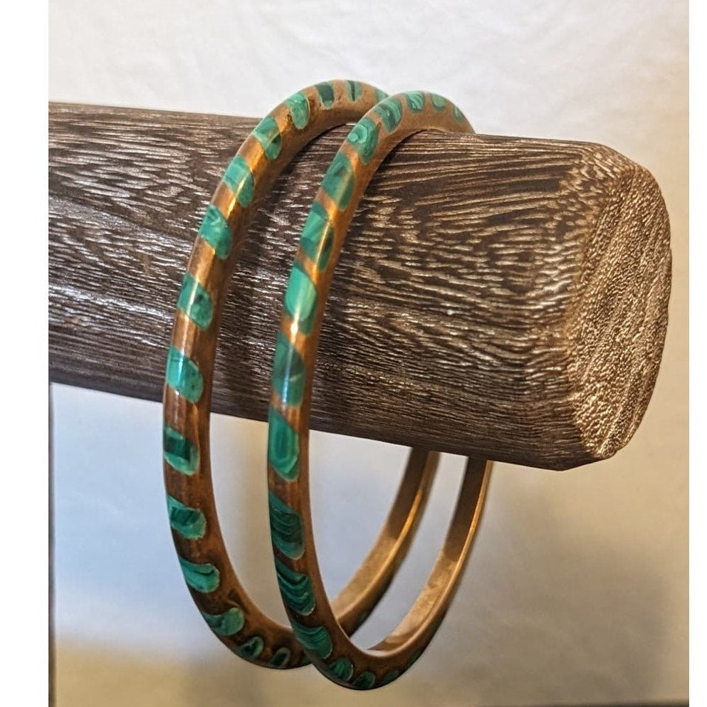 Vintage Thin Malachite Inlaid Brass Metal Bangle Bracelet Set of Two