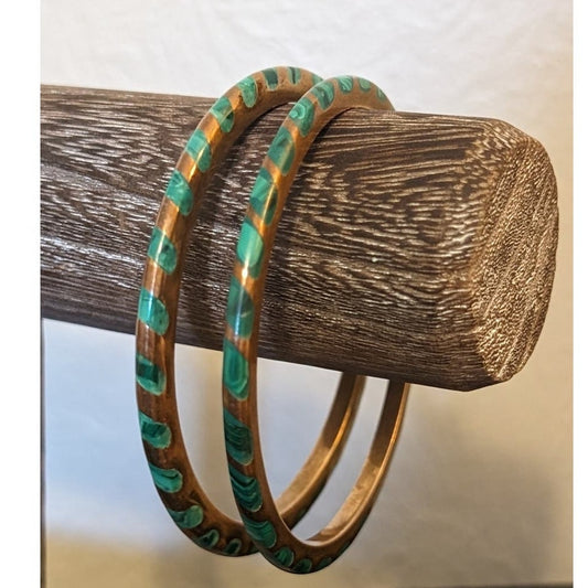 Vintage Thin Malachite Inlaid Brass Metal Bangle Bracelet Set of Two