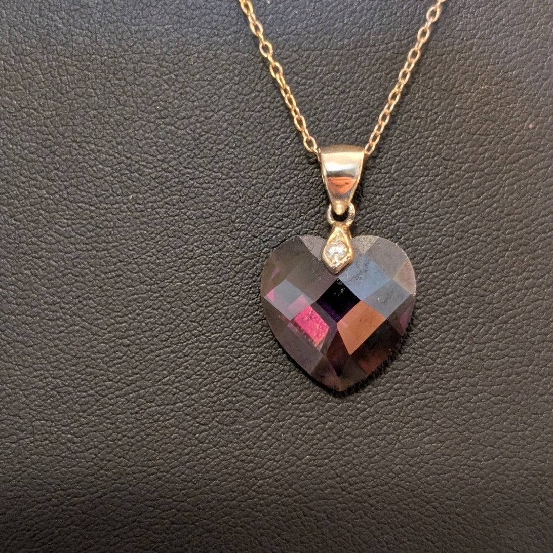 Vintage Faceted Purple Heart Crystal 925 Sterling HAN Pendant 18" Necklace