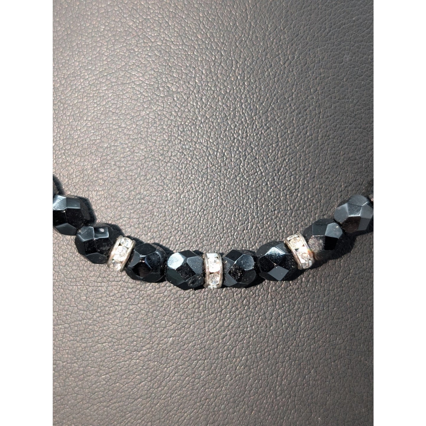 Vintage Black Faceted Glass Crystal Rondelle Bead 18.5" Necklace