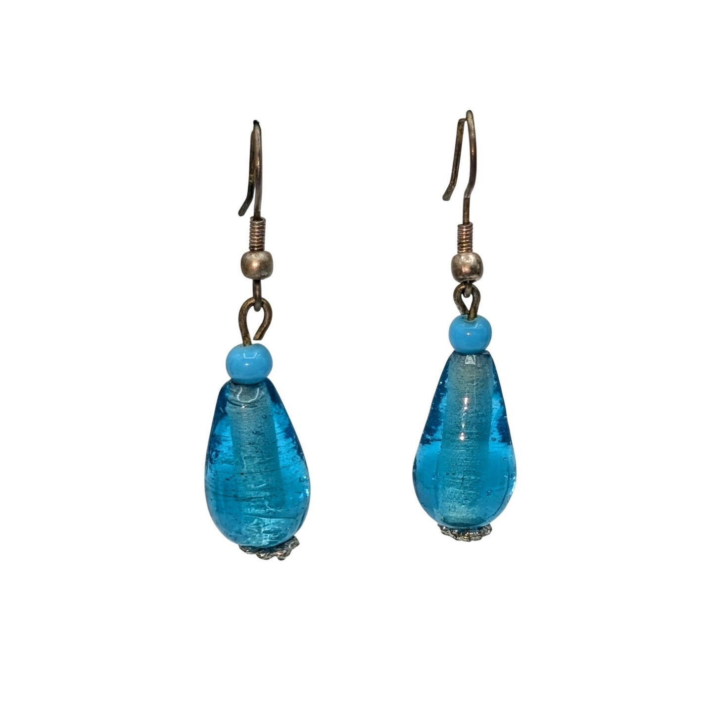 Blue Glass Bead Dangle Silver Tone Wire Earrings