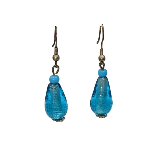 Blue Glass Bead Dangle Silver Tone Wire Earrings
