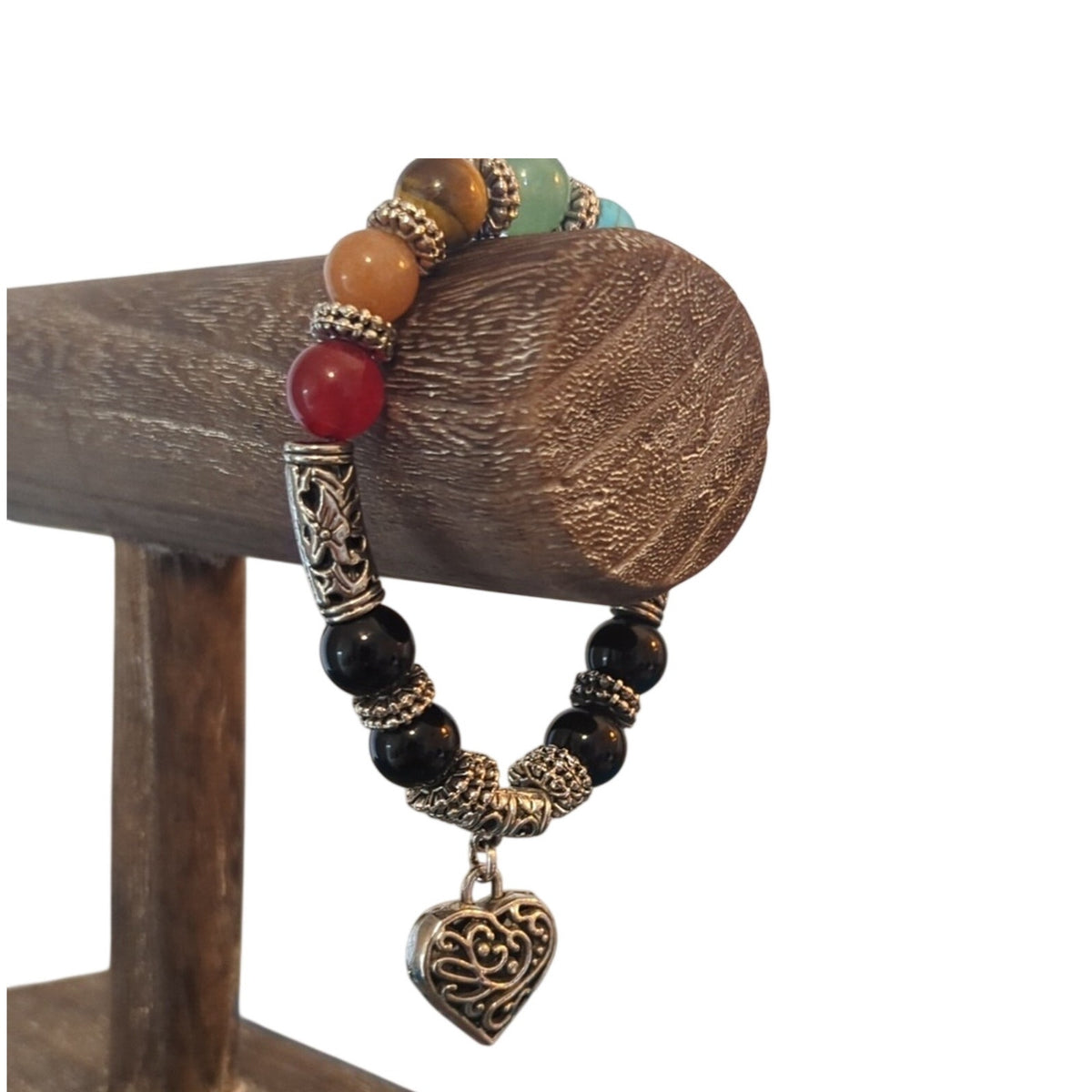 Gemstone Bead Stretch Bracelet with Silver Tone Filigree Puff Heart
