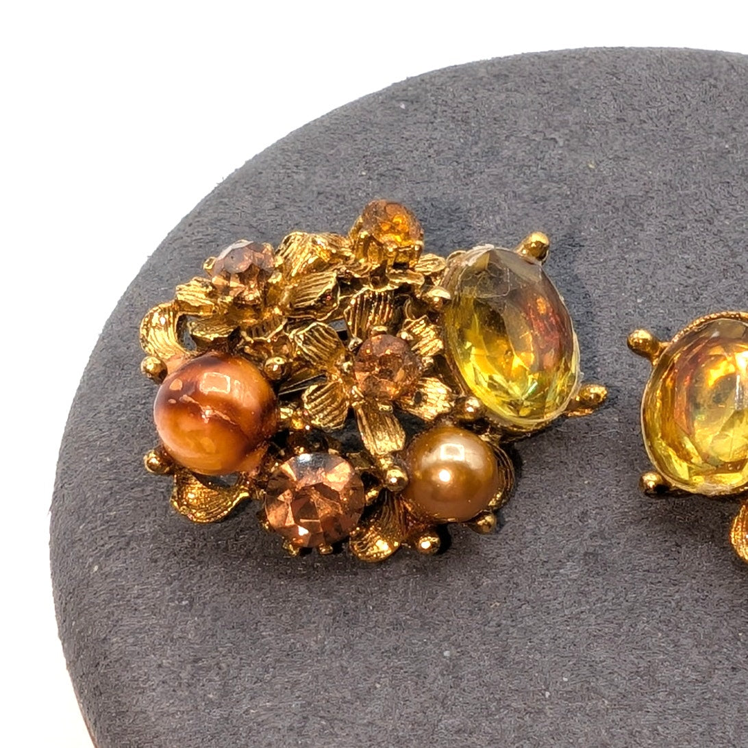 VTG Signed Selini 1950s Citrine Crystal Faux Pearl Rhinestone Clip On Earrings