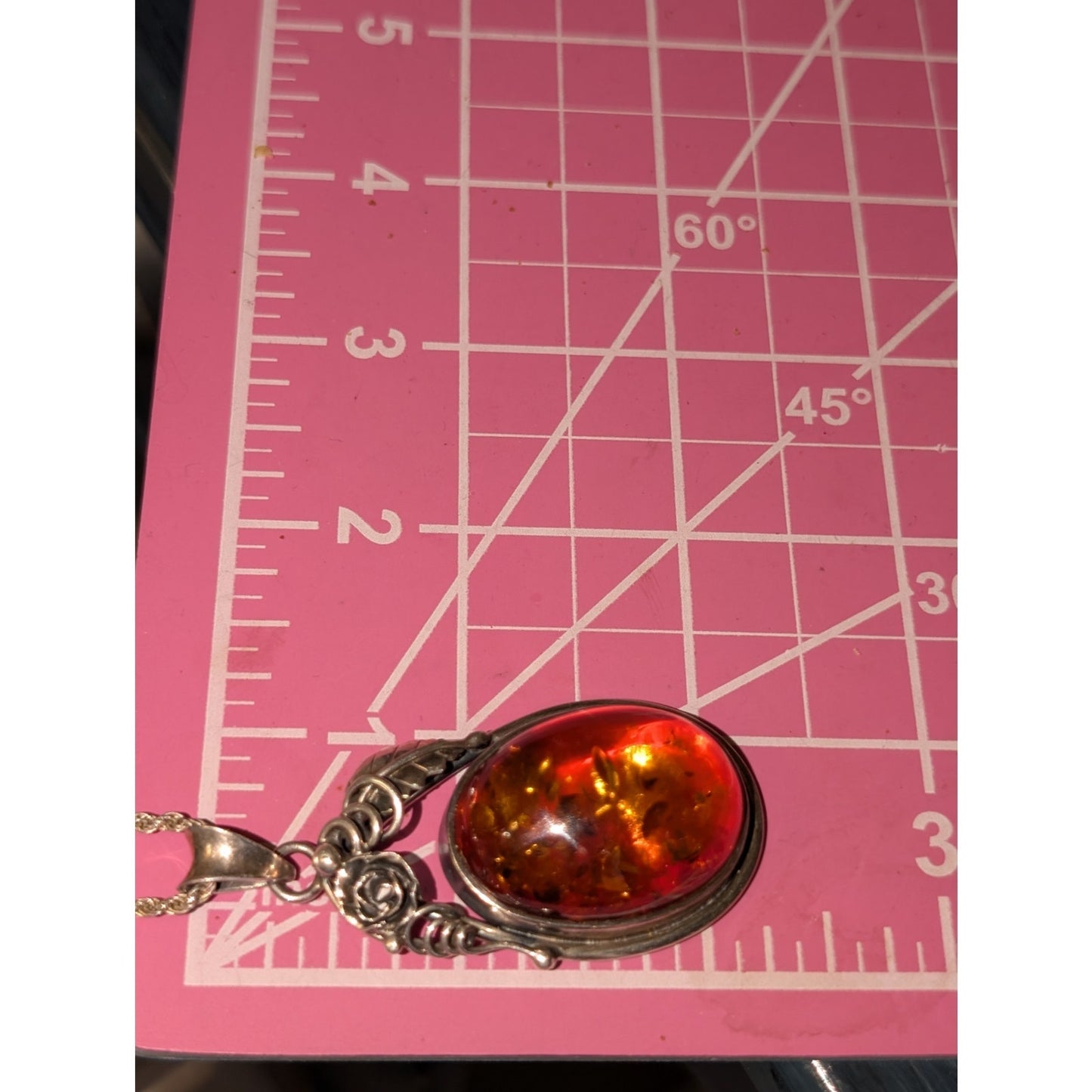 Vintage Large Baltic Amber Sterling Silver Rose Leaf Design Pendant Necklace