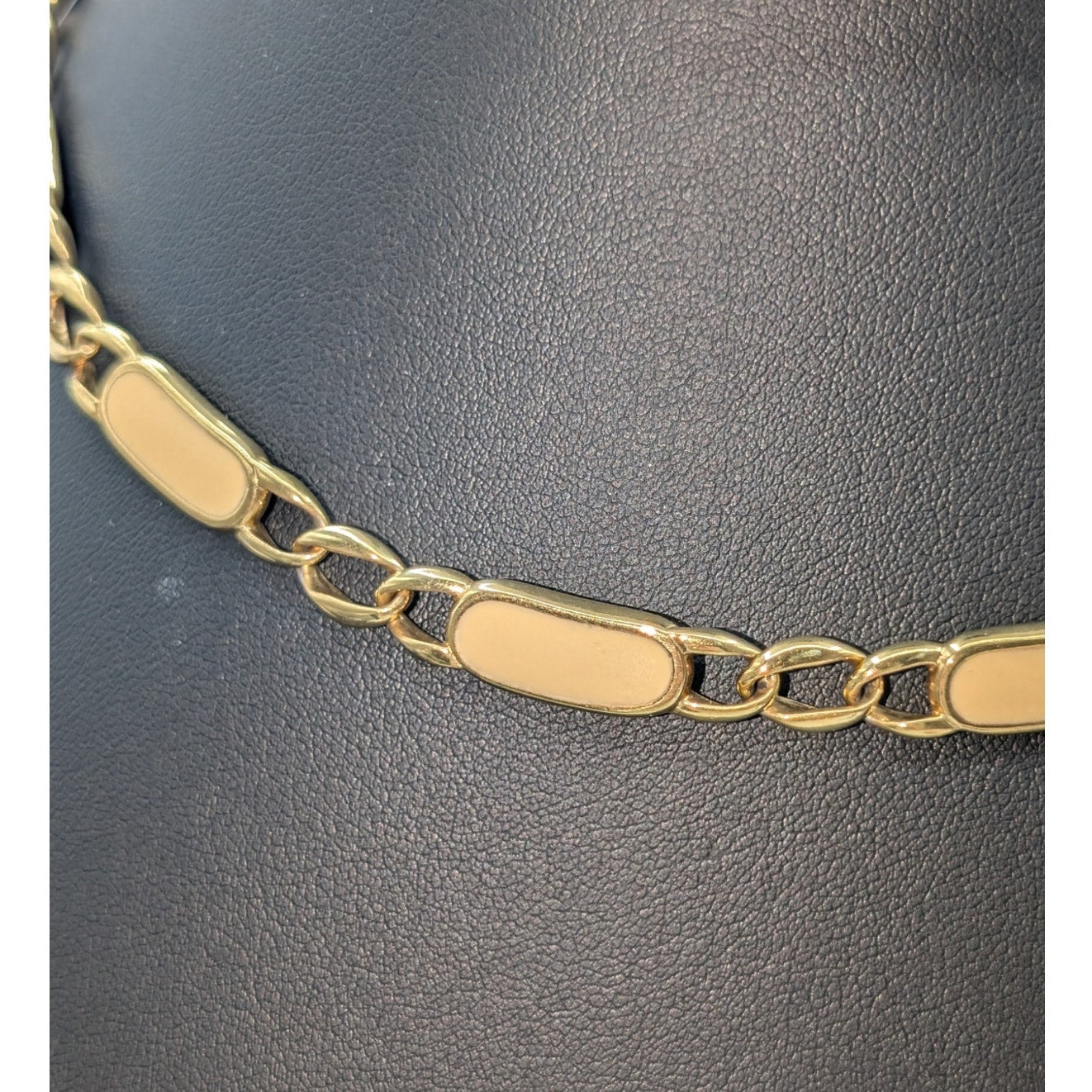 Vintage Monet Cream Enamel Gold Tone Chain Link 16.5" Fold Over Clasp Necklace