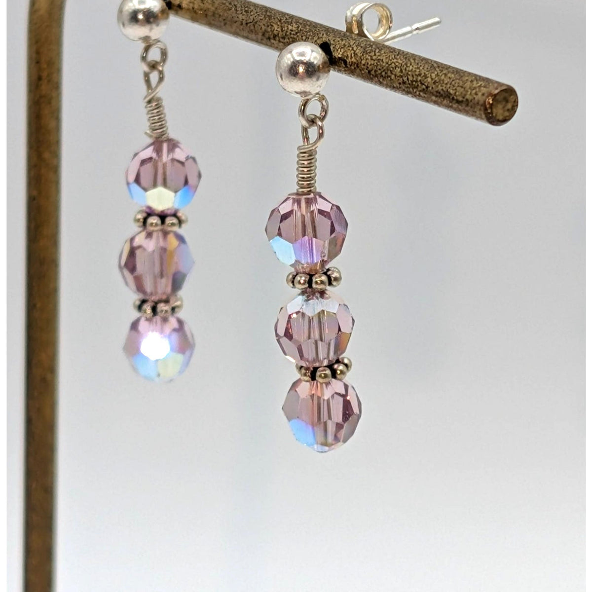 925 Sterling Silver Three Lavender AB Crystal Bead Dangle Drop Earrings